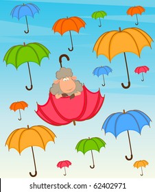 Vector illustration of cartoon sheep flies on a red umbrella