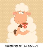 Vector illustration of cartoon sheep has coffee from a cup