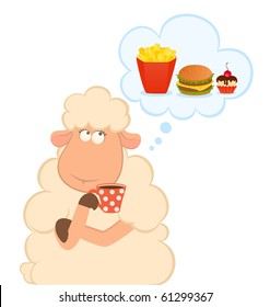 Vector illustration of cartoon sheep has coffee from a cup dream about harmful fast food