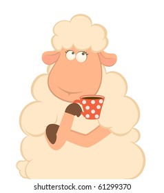 Vector illustration of cartoon sheep has coffee from a cup