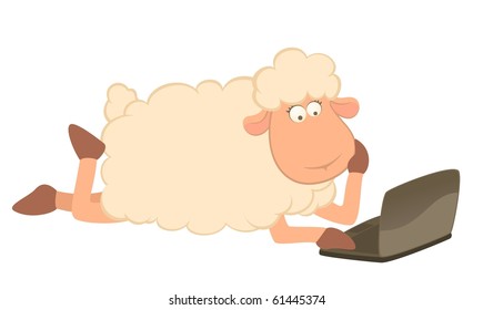 Vector illustration of cartoon sheep with laptop
