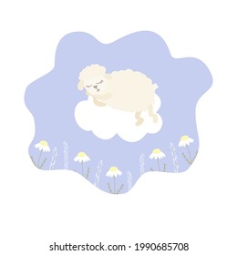 Vector illustration with cartoon sheep lying on cloud, chamomile and lavender on purple background. For nursery baby room posters, print design, greeting card, baby shower, kids t-shirts or pajamas.