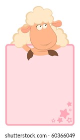 Vector illustration of cartoon sheep with pink frame