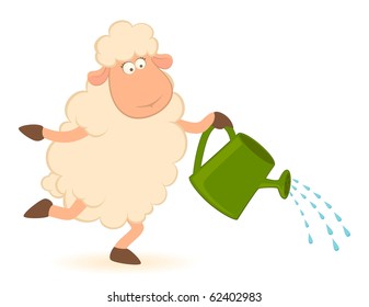 Vector illustration of cartoon sheep pours from a watering-can