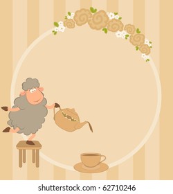 Vector illustration of cartoon sheep pours tea from a tea-pot in a cup