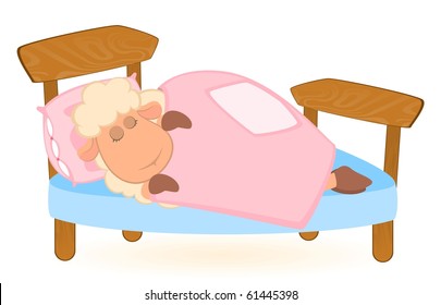 Vector illustration of cartoon sheep sleeps under a blanket in a bed