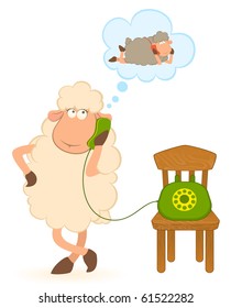 Vector illustration of cartoon sheep with telephone, waits a bell