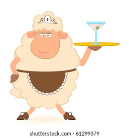 Vector illustration of cartoon sheep - waiter brings a martini