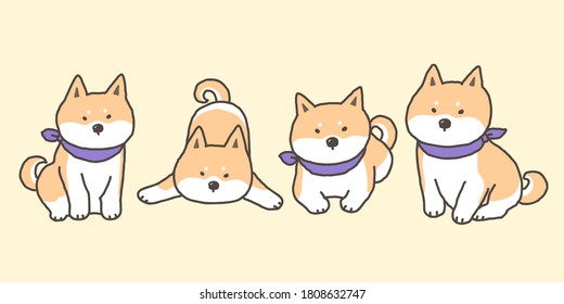 Vector Illustration of Cartoon Shiba Inu Dog Characters on Isolated Background