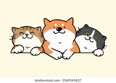 Vector Illustration of Cartoon Shiba Inu Dog and Cat Friends on Isolated Background. Hand Drawn Vector Illustration. Not AI Generated.