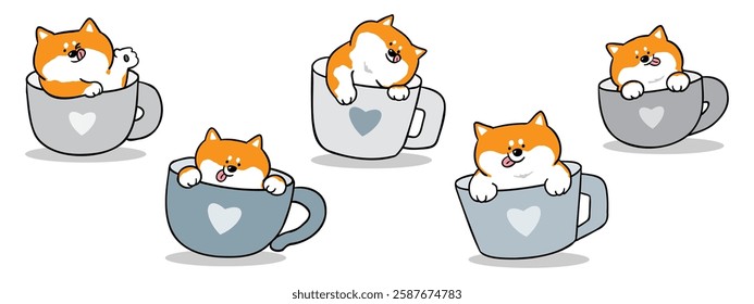 Vector Illustration of Cartoon Shiba Inu Dog in Coffee Cup Characters on Isolated Background. Hand Drawn Vector Illustration. Not AI Generated.