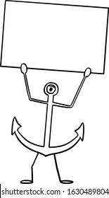 Vector illustration of cartoon ship or boat anchor character holding empty sign in hand.Nautical or marine advertisement or marketing design.