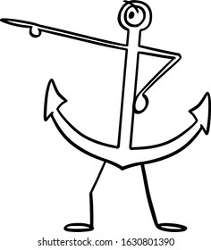 Vector illustration of cartoon ship or boat anchor character showing or pointing at something by hand.Nautical or marine advertisement or marketing design.