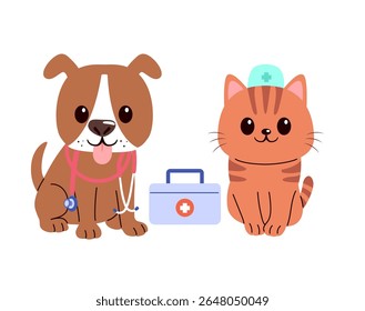 Vector illustration cartoon showing a dog and cat dressed as veterinarians inside an animal hospital holding a first aid kit and treating pets