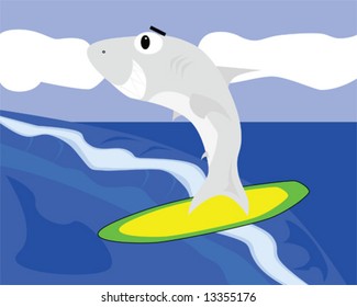 Vector illustration of a cartoon showing a shark surfing