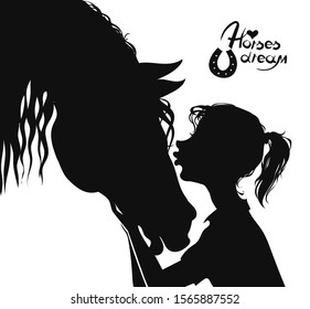 Vector illustration. Cartoon silhouette of a beautiful horse and a young girl. The concept of love and tenderness between man and animal.