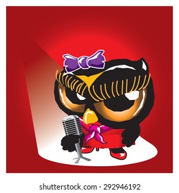 Vector, illustration of cartoon singer owl singing on stage with microphone isolated.