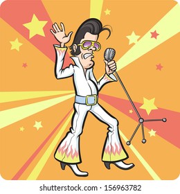 Vector illustration of cartoon singing retro rock star with microphone. Easy-edit layered vector EPS10 file scalable to any size without quality loss. High resolution raster JPG file is included.