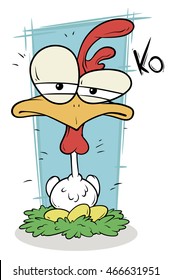 A vector illustration of cartoon siting chicken on nest with eggs