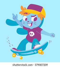 Vector illustration of a cartoon skater bunny wearing a hat, doing tricks on a skateboard, pointing up and smiling.