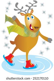 A vector illustration of a cartoon skating reindeer