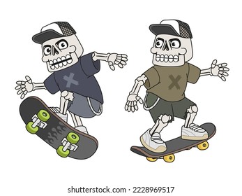 Vector illustration of a cartoon skeleton on a skateboard.