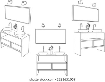 Vector illustration cartoon sketch of wooden vanity sink with mirror