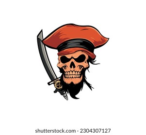 Vector illustration of a cartoon skull with a cap and a dagger.