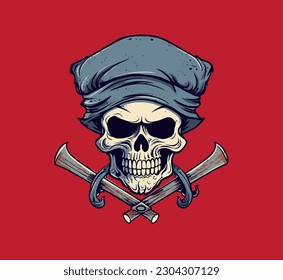 Vector illustration of a cartoon skull with a cap and a dagger.