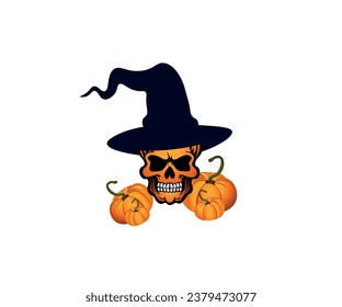 Vector illustration of a cartoon skull with a cap and pumpkins on the sides