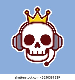Vector illustration of a cartoon skull wearing headphones and a crown. Fun, bold, and perfect for gaming, streaming, or edgy digital stickers and logos.