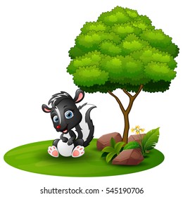 Vector illustration of Cartoon skunk sitting under a tree on a white background