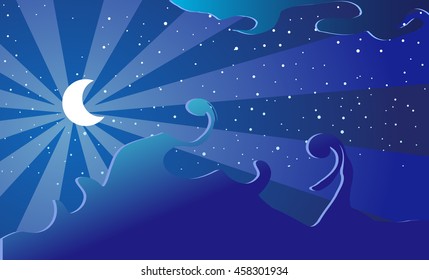 Vector Illustration. Cartoon sky. Moon and stars. 