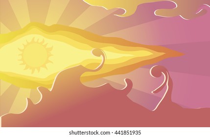 Vector Illustration. Cartoon sky. Sun on the background of clouds at sunset.