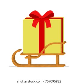 Vector illustration of cartoon sledge with gift box. Isolated white background. Wooden sleigh with a gift. Sled with present. Side view.