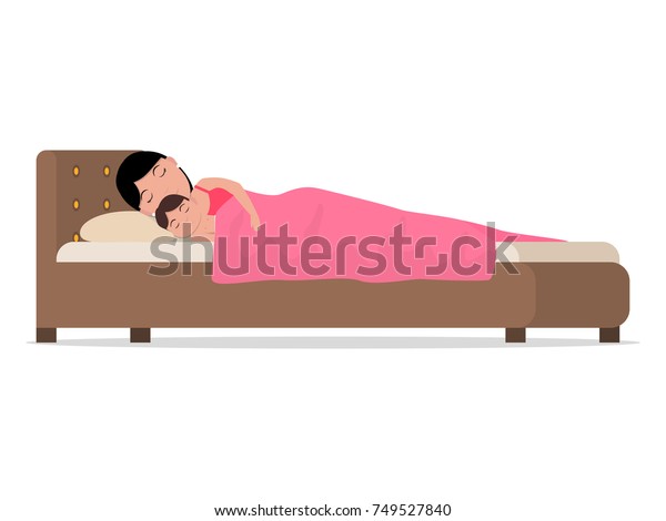 小さな乳児と毛布の下のベッドで寝ているマンガの寝ている女性のベクターイラスト 白い背景 横見えに眠る美しい女の子と子供 フラットスタイル のベクター画像素材 ロイヤリティフリー