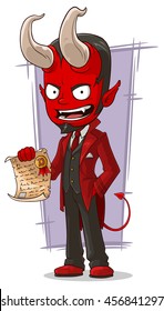 A vector illustration of cartoon sly devil with contract