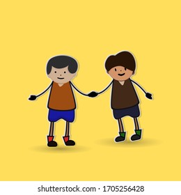 Vector illustration of a cartoon of small children shaking hands or holding hands