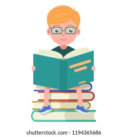 Vector illustration of a cartoon smart boy with glasses sitting on a stack of books and reading. Isolated white background. Kid loves to read. Knowledge Day. Flat style.