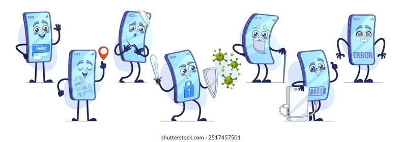 Vector Illustration Of Cartoon Smartphones Displaying Different Emotions And Actions Represent Modern Technology