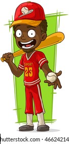 A vector illustration of cartoon smiling baseball player with bat