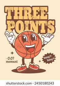 vector illustration, cartoon smiling basketball mascot character with three points writing, for poster print, t-shirt