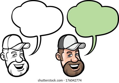 Vector illustration of cartoon smiling bearded man face.