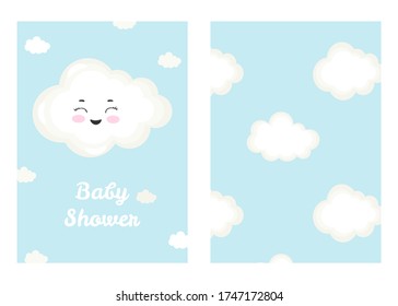 Vector illustration with cartoon smiling cloud and inscription "baby shower" and seamless pattern with clouds. For birthday or party invitation and so print design for pajamas, nursery poster.