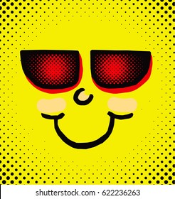 Vector illustration of cartoon smiling face with sunglasses.
