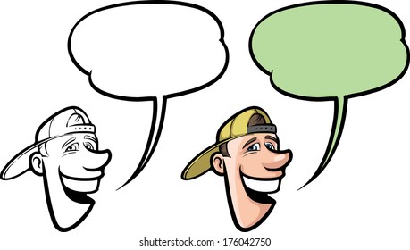 Vector illustration of cartoon smiling guy in cap face. 