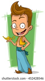 A vector illustration of cartoon smiling guy with oriental lamp