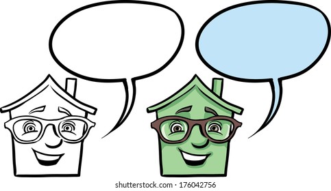 Vector illustration of cartoon smiling house in glasses face. 