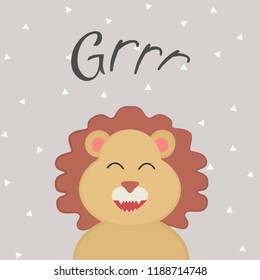 Vector illustration of cartoon smiling lion and text grrr on grey background. For design children shirt, fashion or prints, template for kids poster, decoration design and home decor or greeting card.