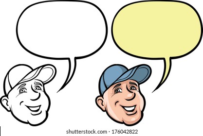 Vector Illustration Of Cartoon Smiling Man In Cap Face. 